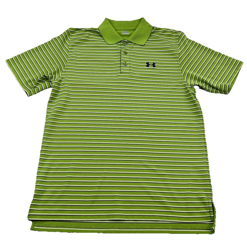 Under Armour Polo Shirt Men Medium Green Striped Performance Quick Dry Golf Poly